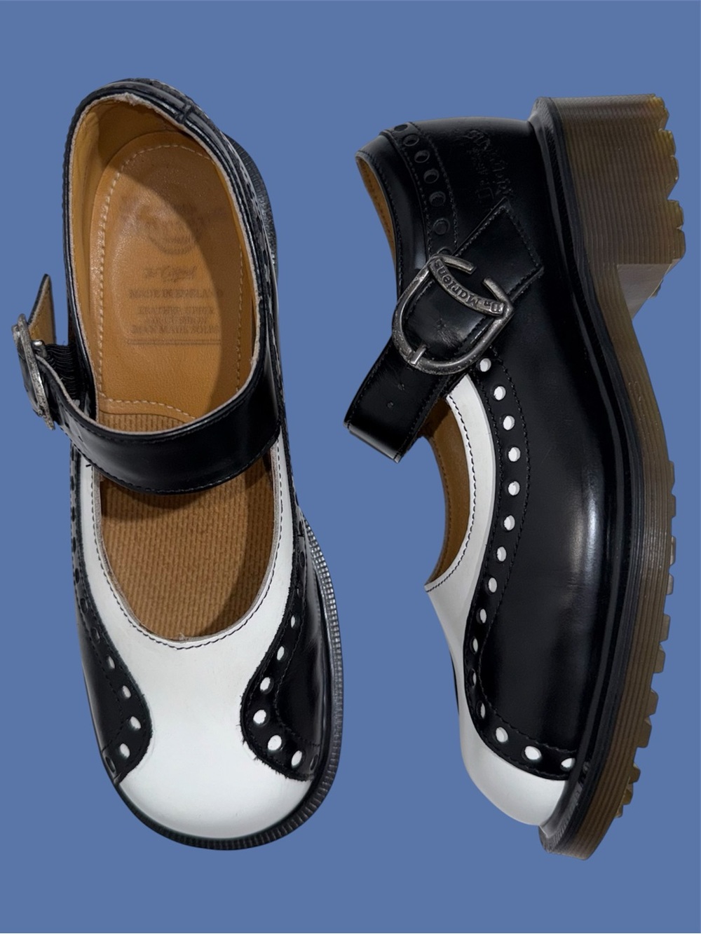Vintage Dr. Martens Black White Two Tone Wingtip Babydoll Heel Mary Janes UK 4